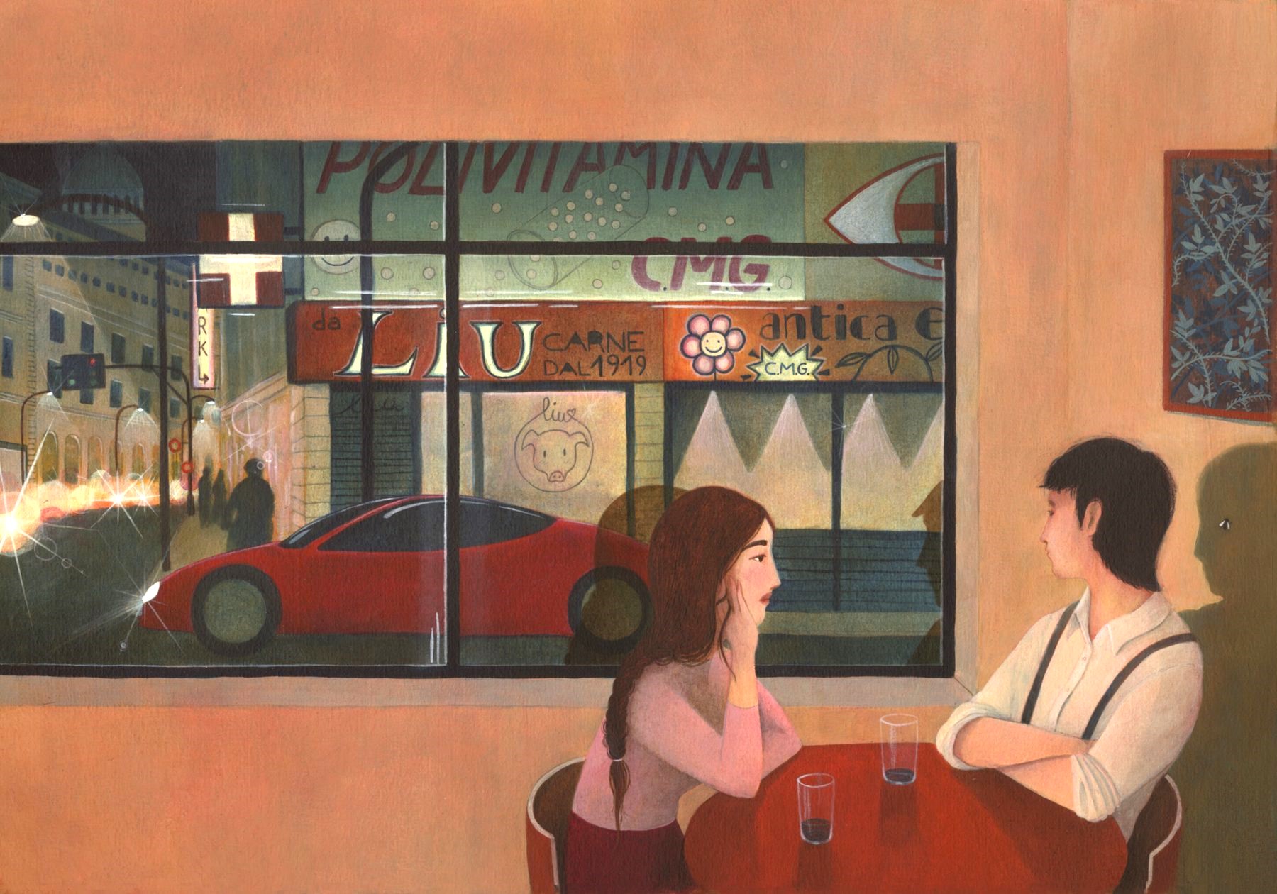 Illustrazione notturna ad acrilico per Trentasette centigradi: Nico e Doris seduti al tavolo di un locale mentre fuori dalla vetrina passa un'auto rossa. 
