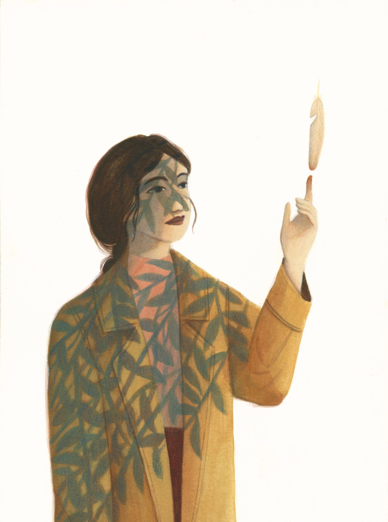 Illustrazione per Trentasette centigradi: Doris con ombre di foglie sul volto che bilancia una piuma sopra il dito indice