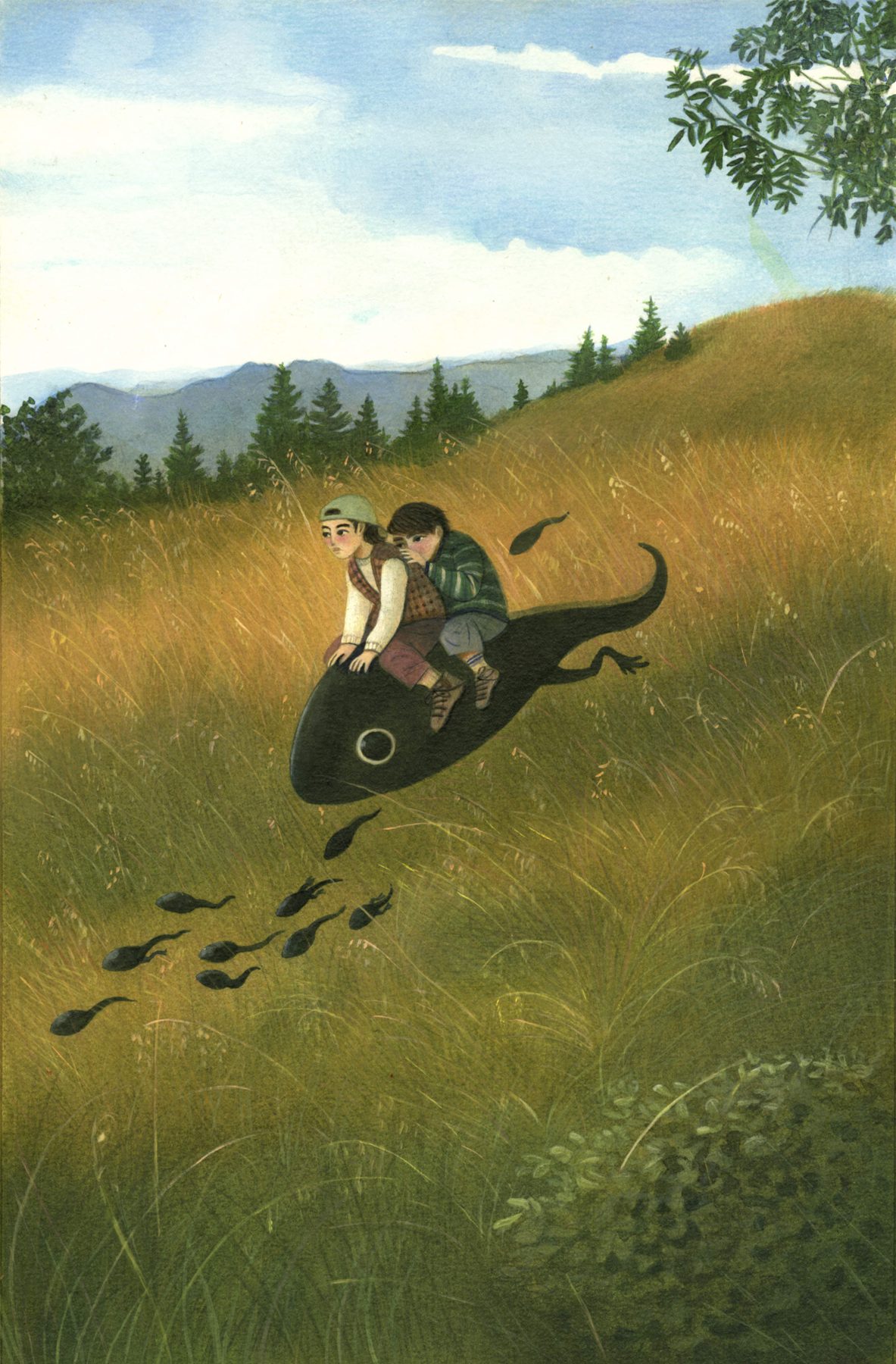 Illustrazione 'La strada verso casa' ad acrilico e inchiostri: due bambini cavalcano un grande girino nero sospeso sopra un prato di montagna.