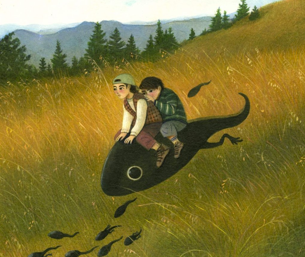 La strada verso casa - illustrazione onirica ad acrilico di due bambini a cavallo di un girino