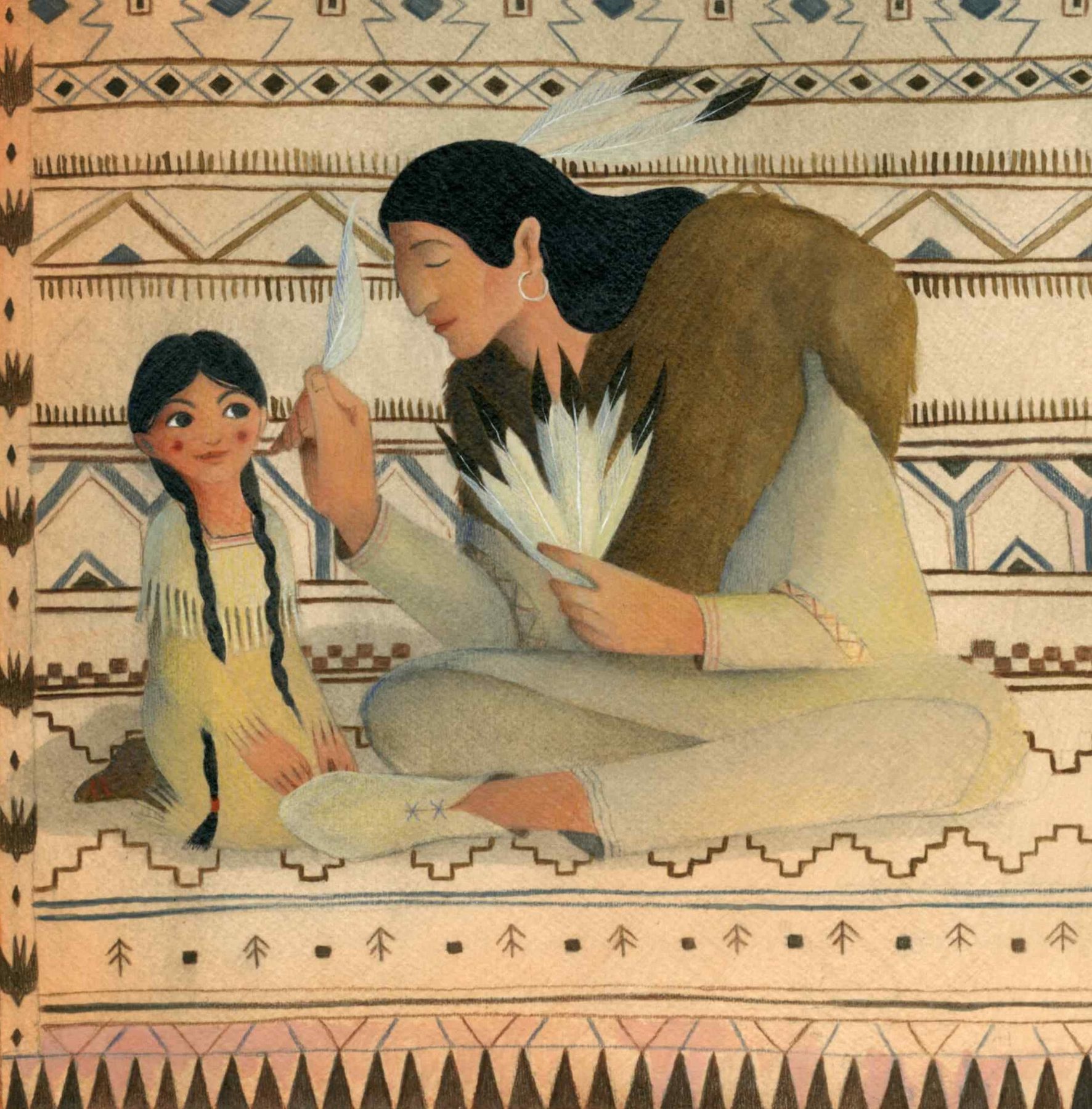Illustrazione di Matoaka e del papà seduti nel teepee