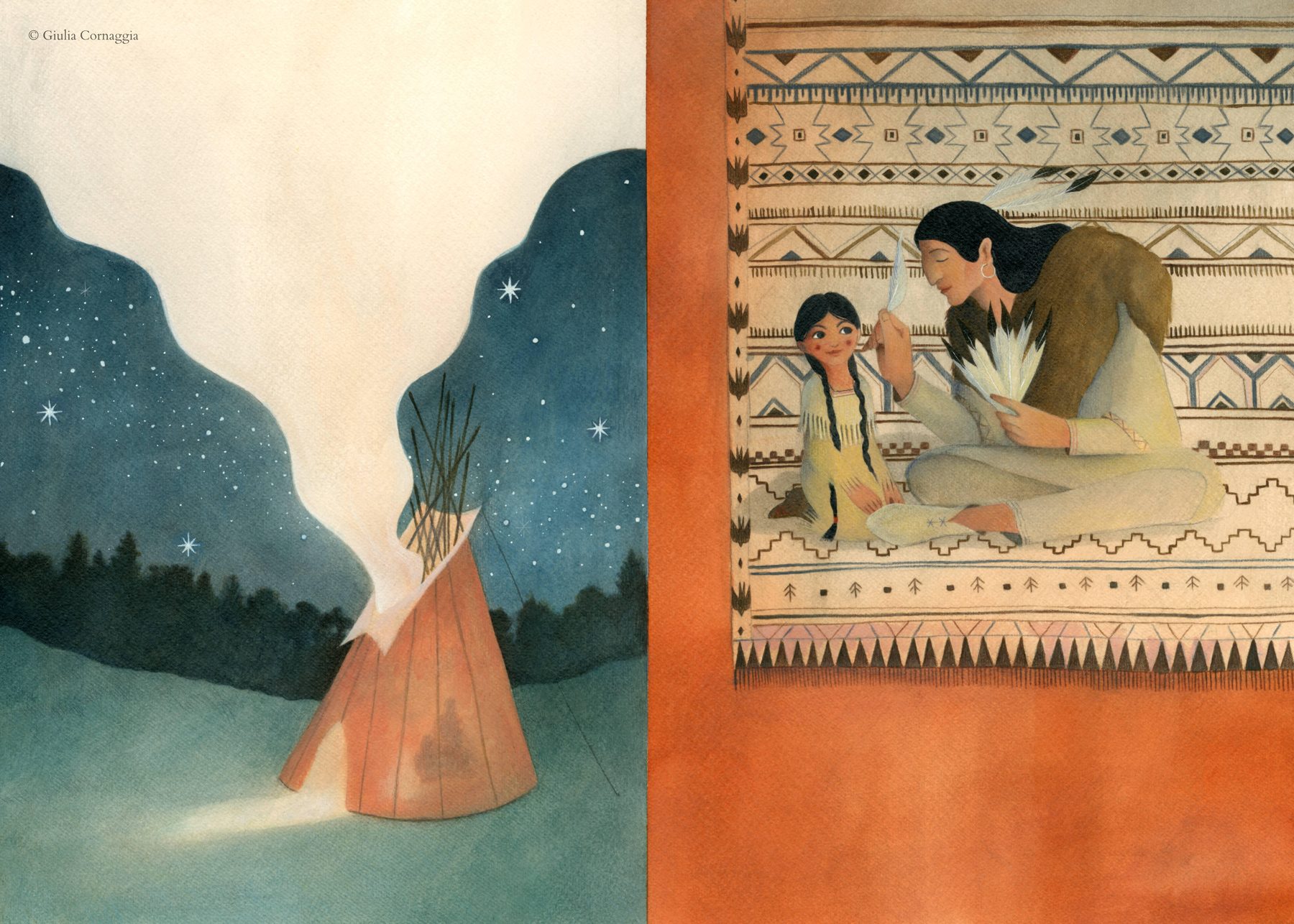 Illustrazione a doppia pagina per Matoaka: a sinistra un tepee illuminato nella notte sotto un cielo stellato, a destra Matoaka e il padre seduti a terra sopra a un tappeto con motivi geometrici