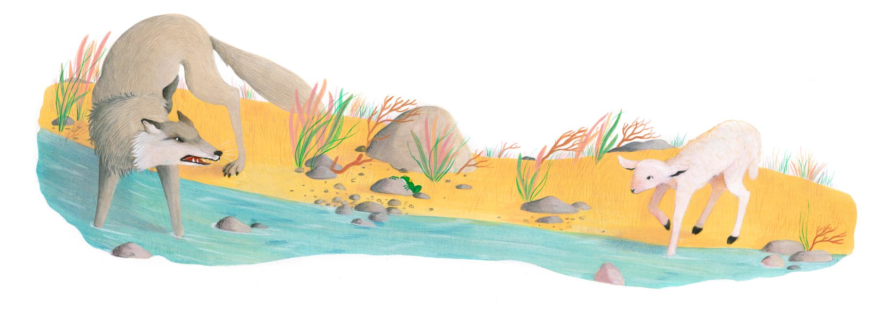 Illustrazione per l'antologia scolastica Vivavoce. Illustrazione per la favola Il lupo e l'agnello: un lupo minaccioso e un piccolo agnello abbeverati ai due lati di un ruscello
