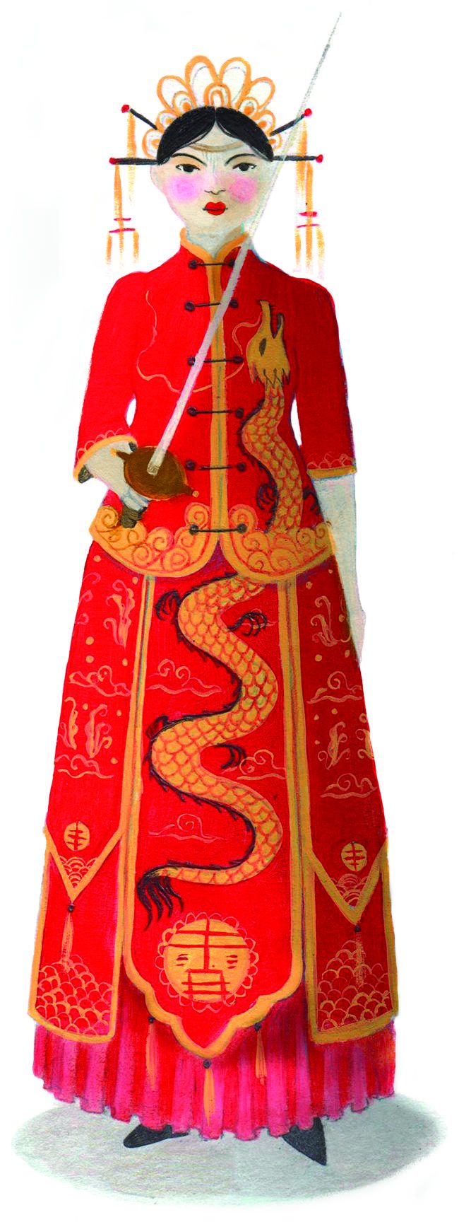 Illustrazione per l'antologia scolastica Vivavoce. Ritratto della piratessa cinese Ching Shih con un abito tradizionale rosso decorato con un drago dorato e una spada in mano