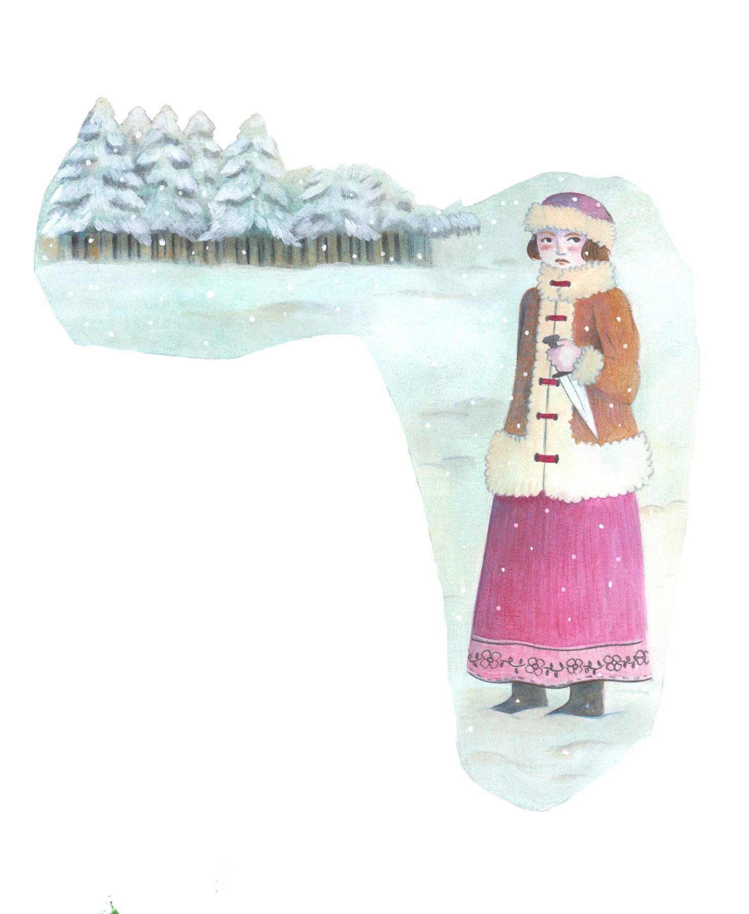 Illustrazione per l'antologia scolastica Vivavoce. Illustrazione di una ragazza con cappotto rifinito in pelliccia e pugnale in mano in un paesaggio innevato