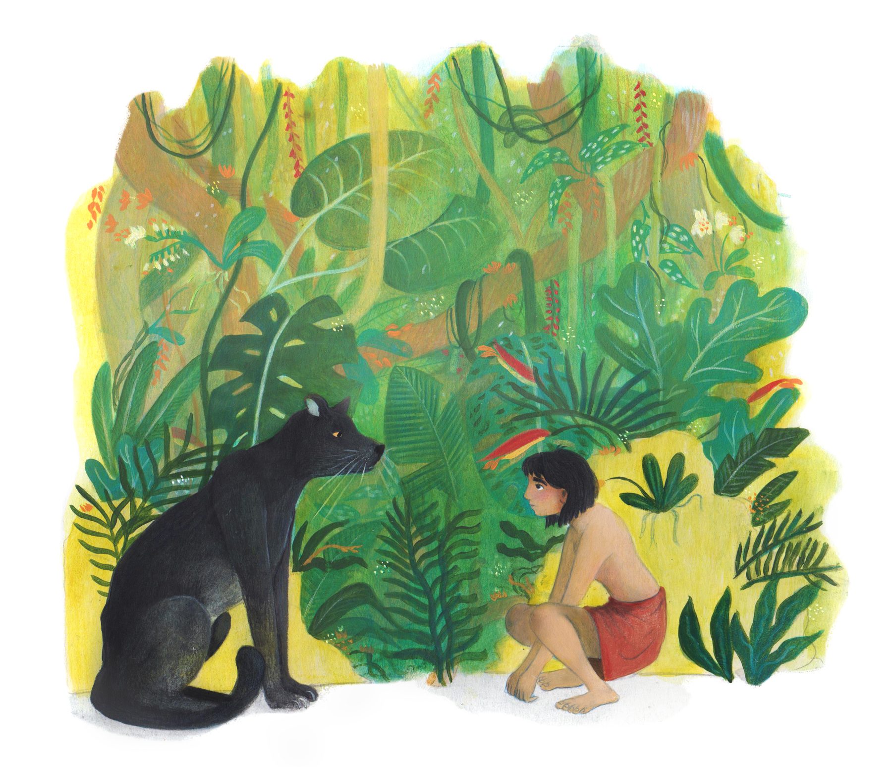 Illustrazione per l'antologia scolastica Vivavoce. Illustrazione per brano tratto da Il libro della giungla: Mowgli accucciato di fronte alla pantera nera Bagheera immersi nella giungla 