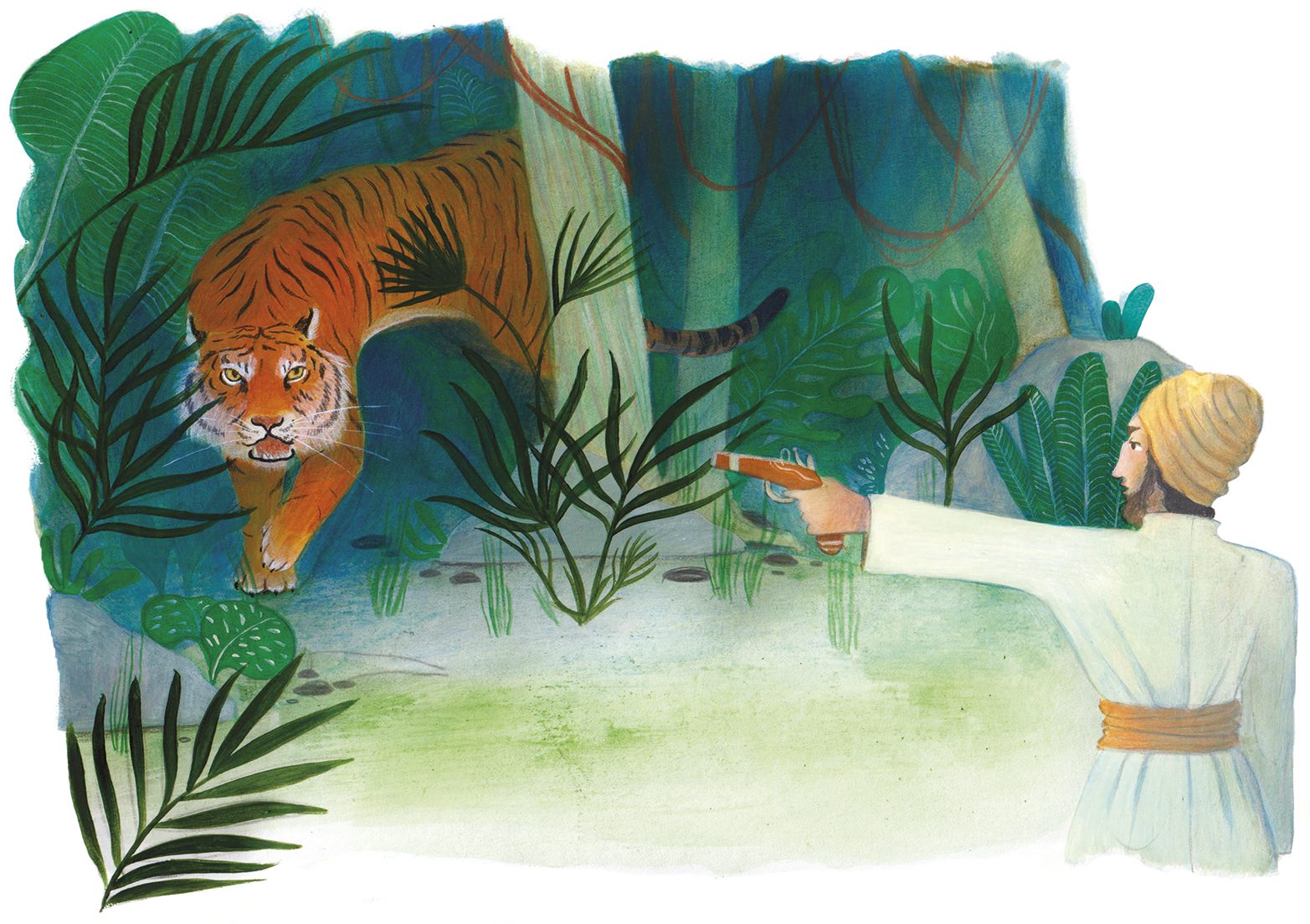 Illustrazione per l'antologia scolastica Vivavoce.
      Sandokan in abito bianco e turbante punta una pistola contro una tigre che emerge dalla giungla rigogliosa. Edito da Zanichelli