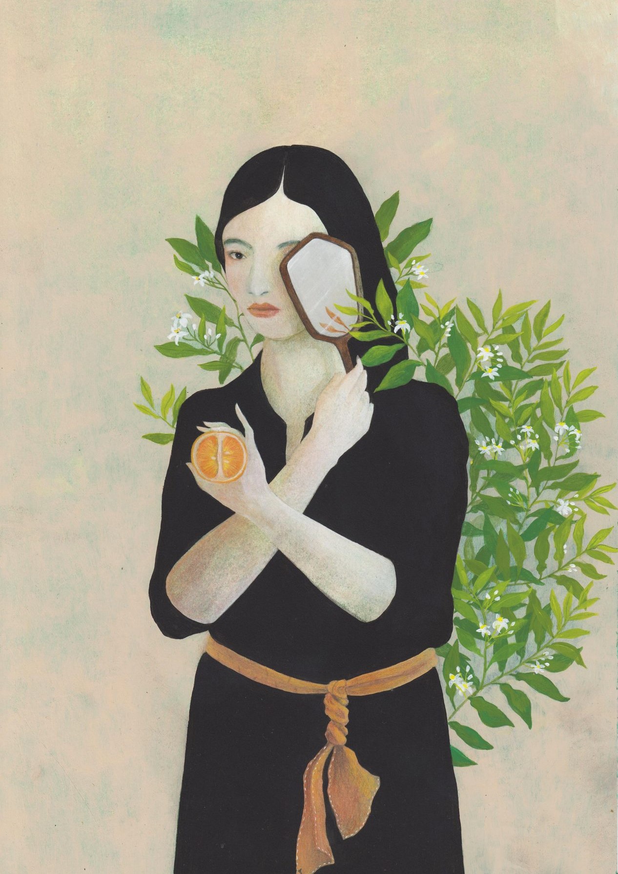 Illustrazione di ragazza vestita di nero con un arancio in mano, campagna sui disturbi alimentari per La Fenice ONLUS