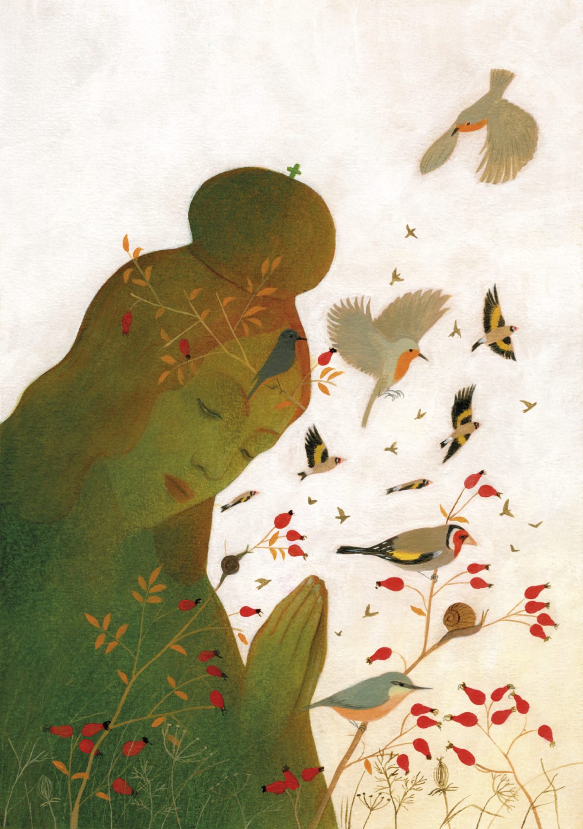 Illustrazione per il manifesto della Madonna della Salute: profilo di figura femminile in preghiera immersa nei toni del verde e della terra, circondata da rami con bacche rosse, chiocciole e piccoli uccelli in volo