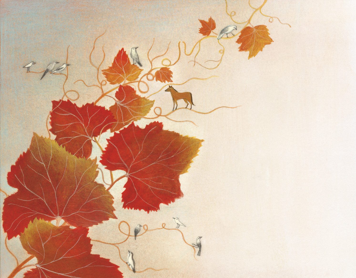 Collio rosso - Illustrazione di una vite con foglie rosse e arancioni autunnali su sfondo beige sfumato con tre uccelli e un cane marrone.
