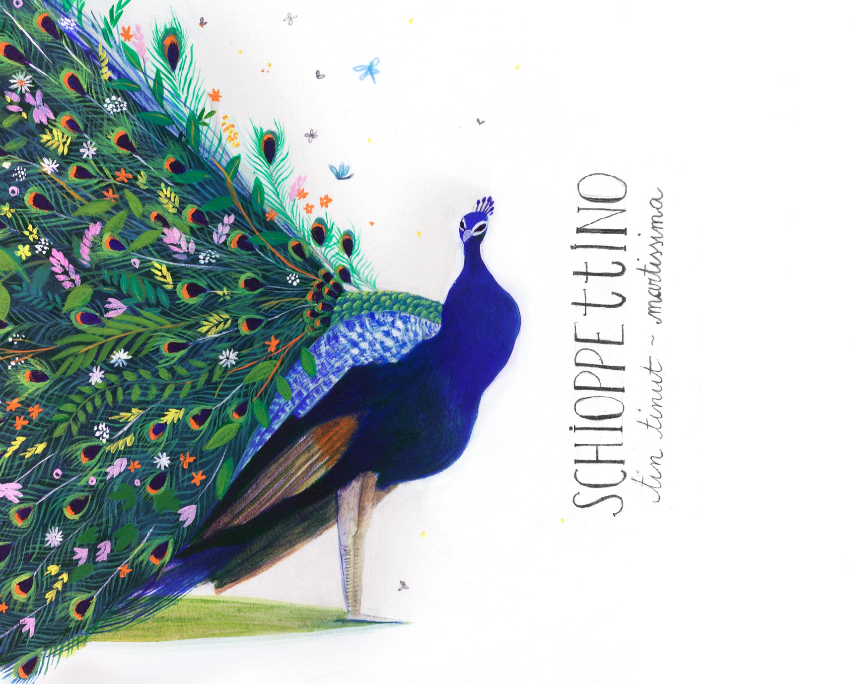 Schioppettino - Illustrazione di un pavone con coda decorata da fiori e brulicare di insetti