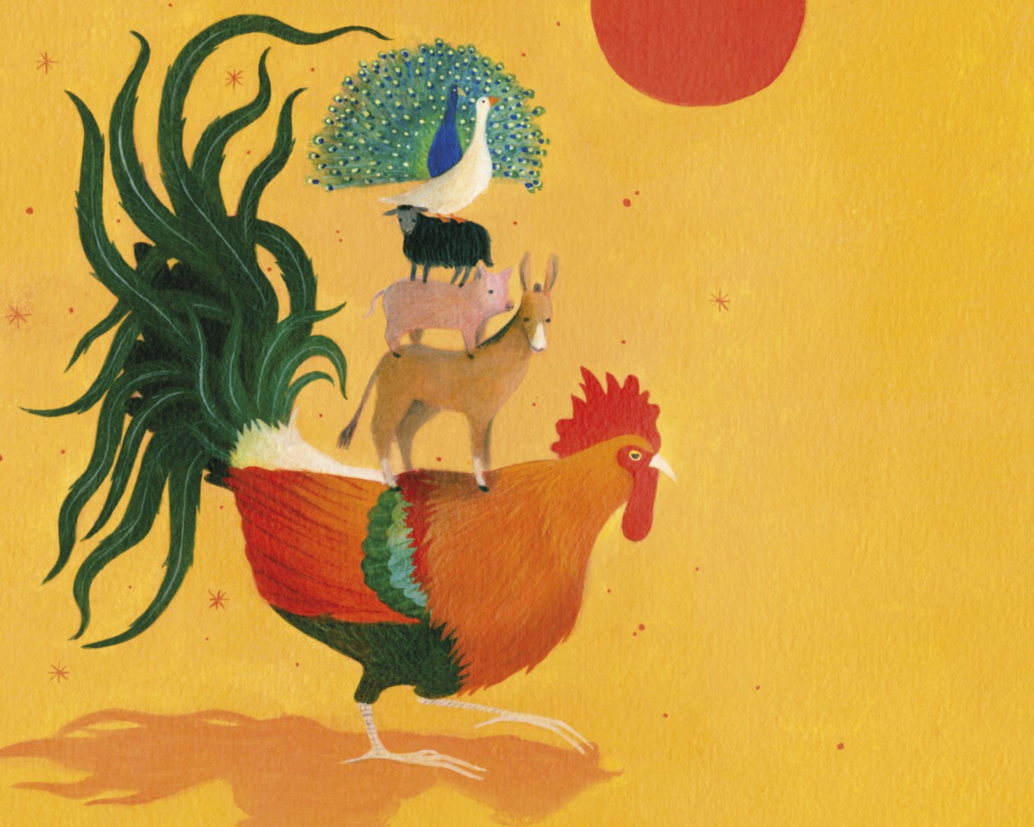 Vino di Annata - Illustrazione di un grande gallo colorato su sfondo giallo con sole rosso, con una pila di animali (asino, maiale, pecora, anatra, pavone) sulla schiena.