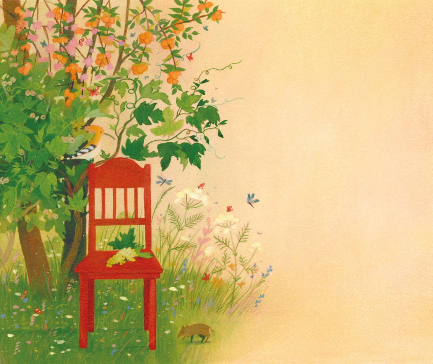 Vino Collio Giardino del Monte - Illustrazione di una sedia rossa nell'erba con fiori di campo e un cespuglio di rose, con un uccello e farfalle.