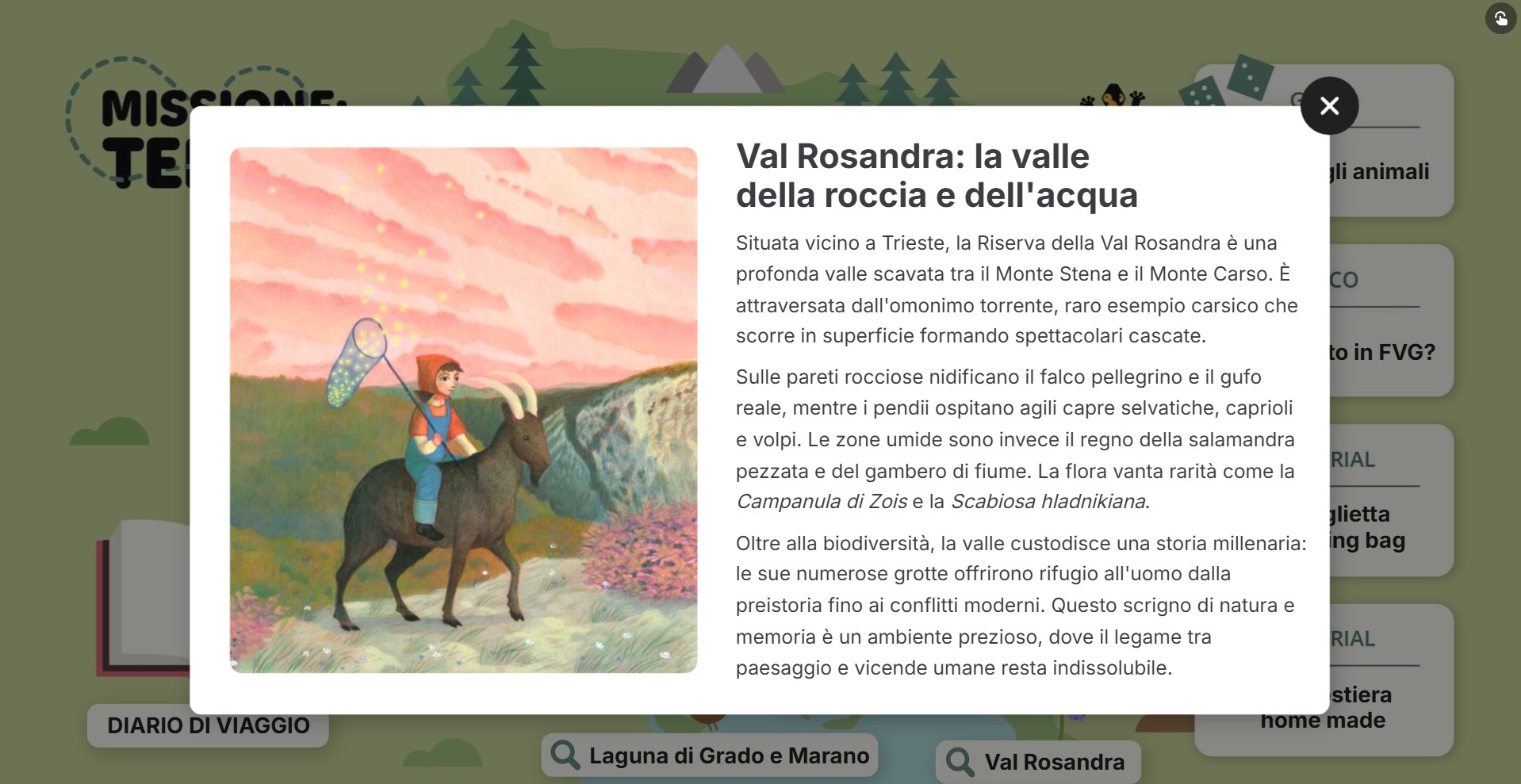 Schermata dell'interfaccia dell'app web 'Missione: Terra!!' con una finestra popup sulla Val Rosandra e un'illustrazione
