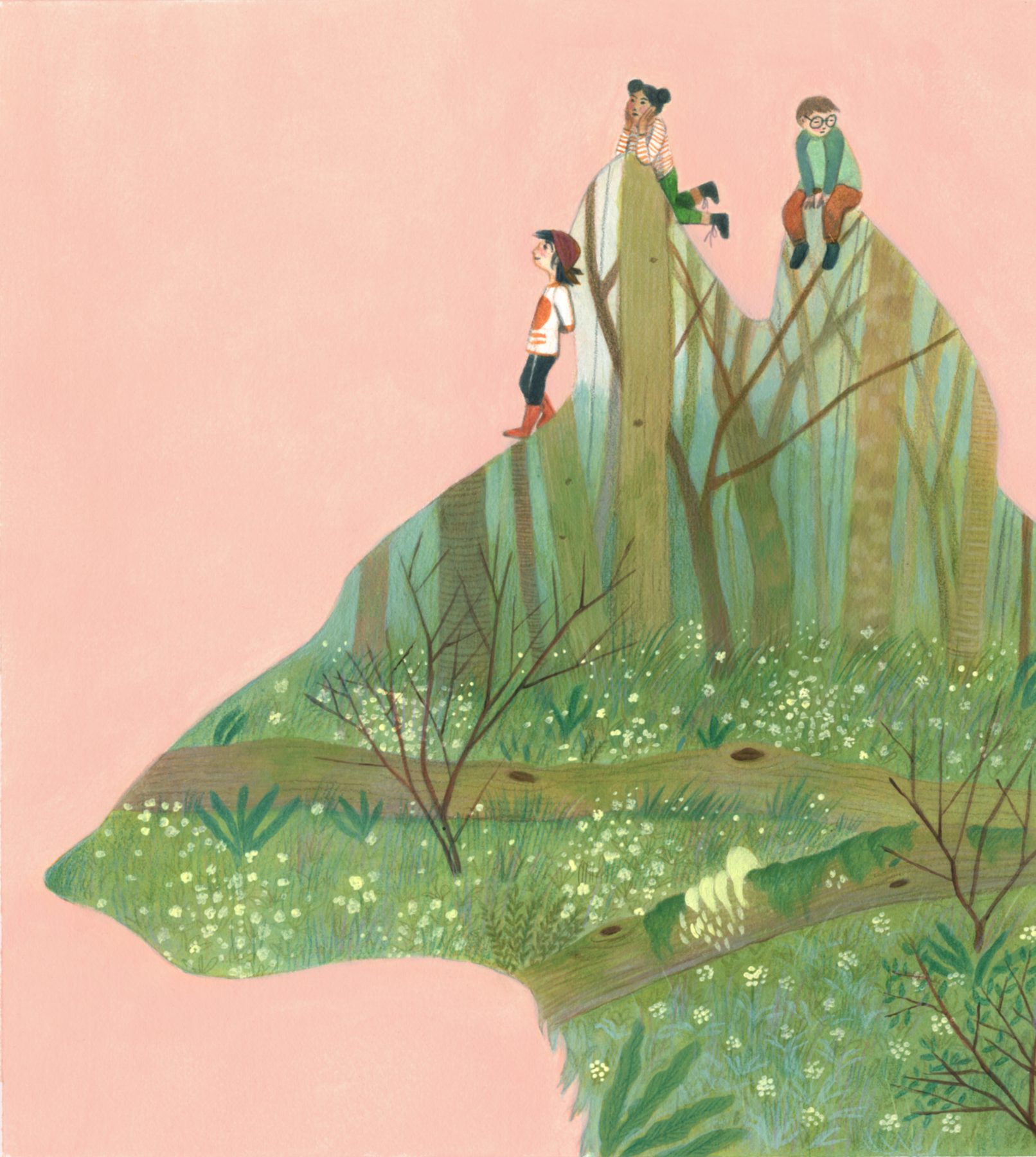 Illustrazione per la Selva Lupanica: la sagoma verde di un animale selvatico racchiude un bosco fiorito su cui si arrampicano tre bambini