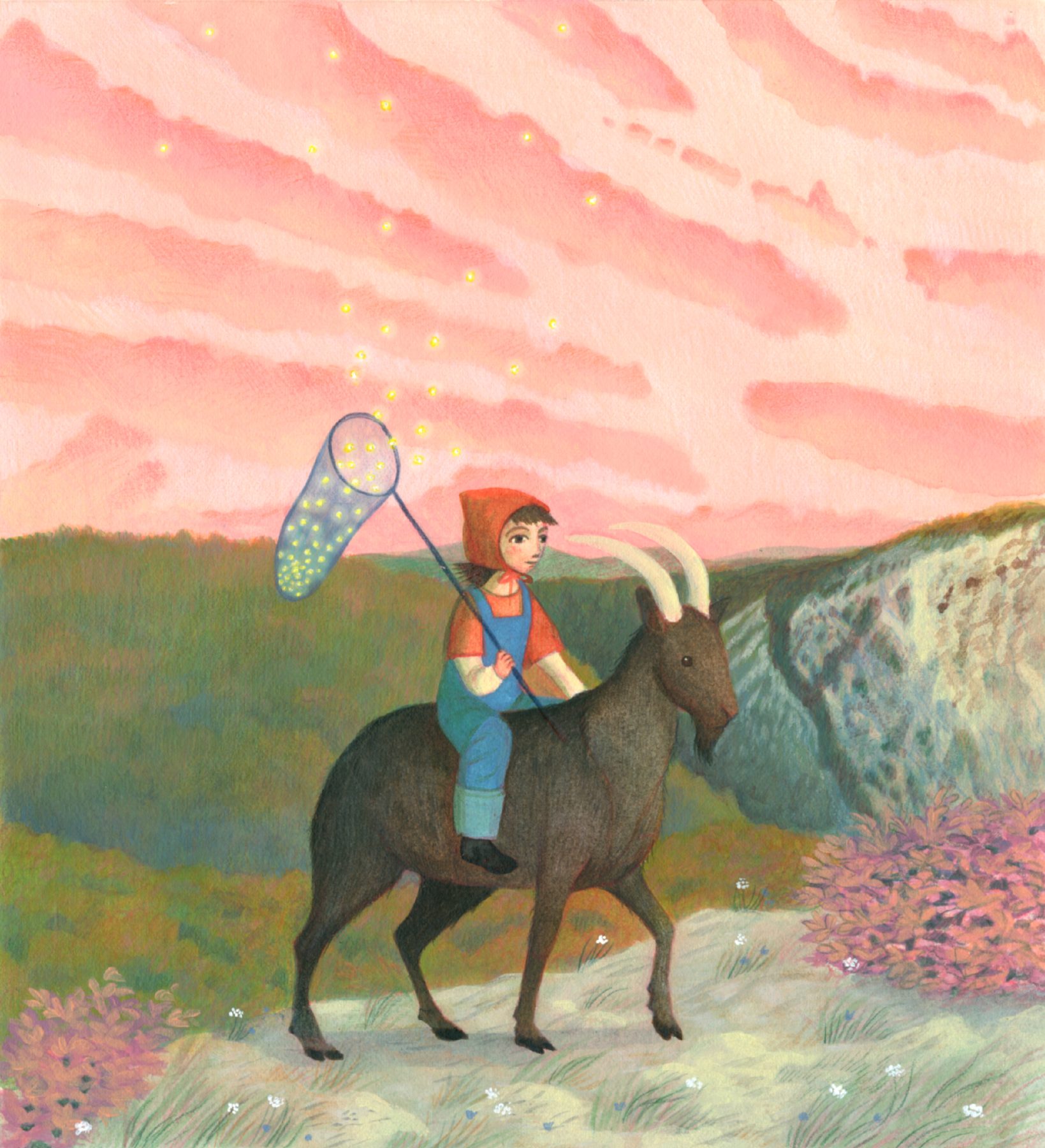 Illustrazione per la Val Rosandra: una bambina cavalca una capra lungo un crinale montuoso portando un retino di lucciole brillanti al tramonto