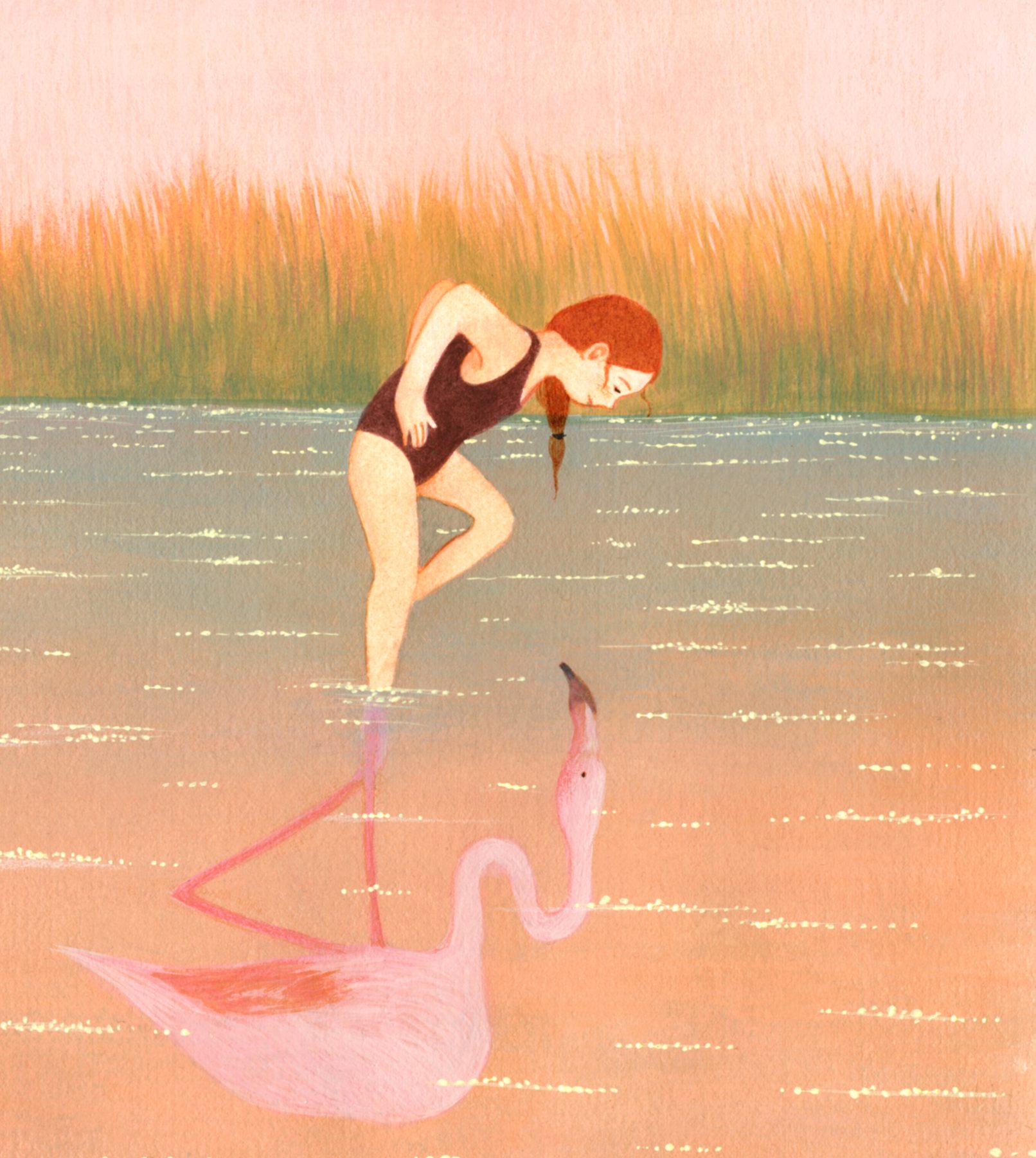 Illustrazione per la Valle Cavanata: una bambina in costume da bagno immersa nell'acqua il cui riflesso rispecchia un fenicottero rosa