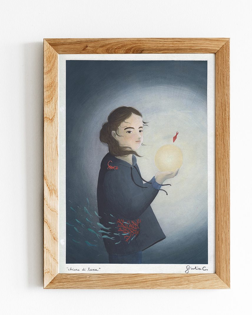  'Laura' Ritratto illustrato di ragazza con in mano una luna